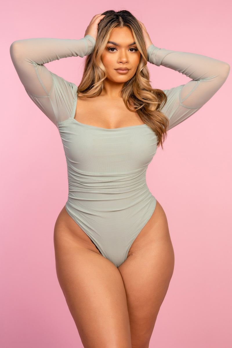 Green Ruched Long Sleeve Bodysuit