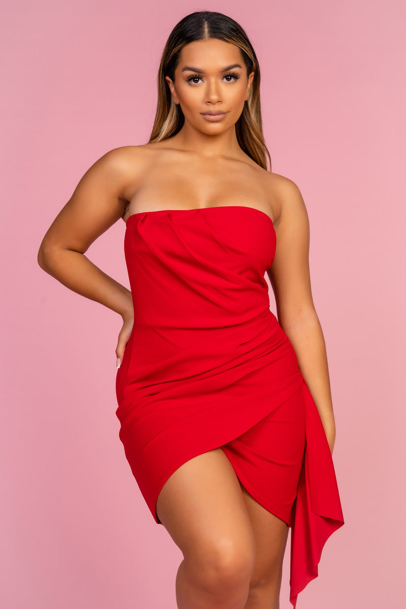 Red Ruched Strapless Dress