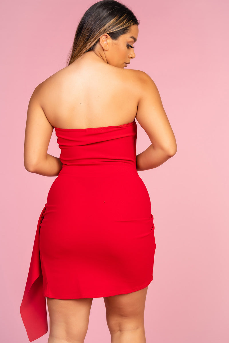 Red Ruched Strapless Dress