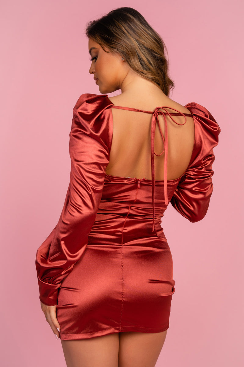 Rust Satin Long Sleeve Ruched Dress