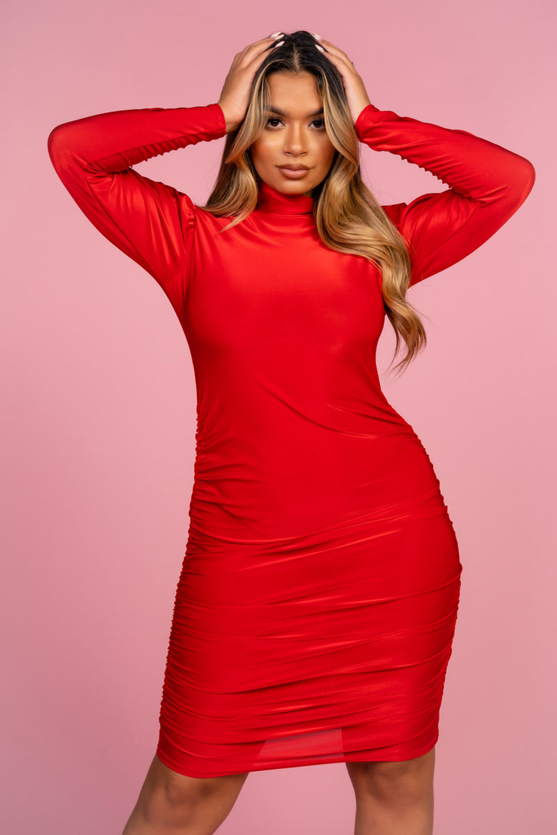 High Neck Red Long Sleeve Dress